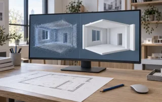 Comparación visual de nube de puntos, planos de arquitectura y modelo BIM para una reforma.