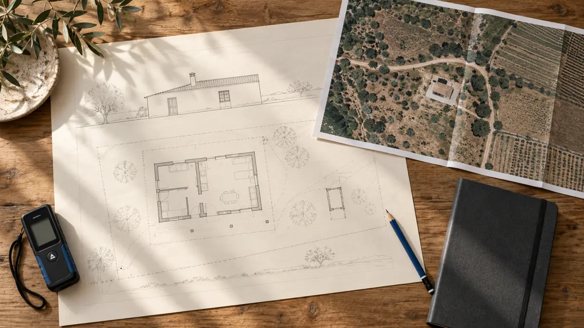 Planos ficticios y medidor láser ilustran la documentación de un AFO en Huelva; imagen generada con IA.
